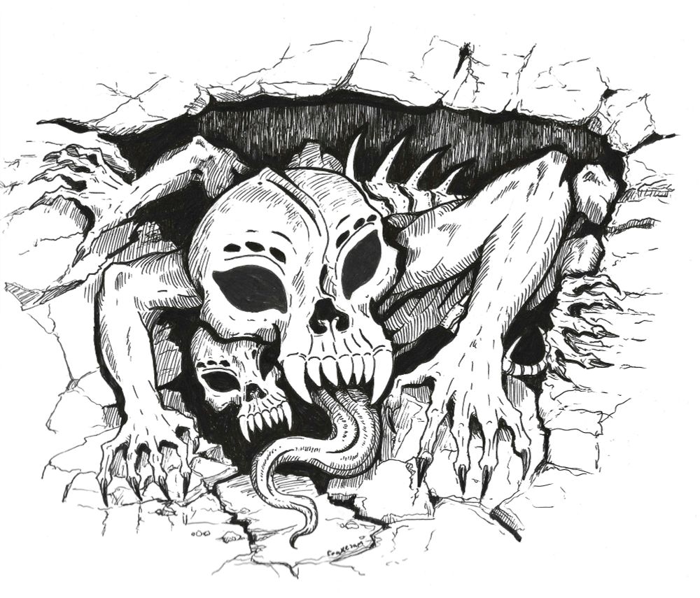 An ink drawing of a large two headed, many armed, and clawed skull creature with a long undulating tongue emerging from a dark rocky crevice. 
