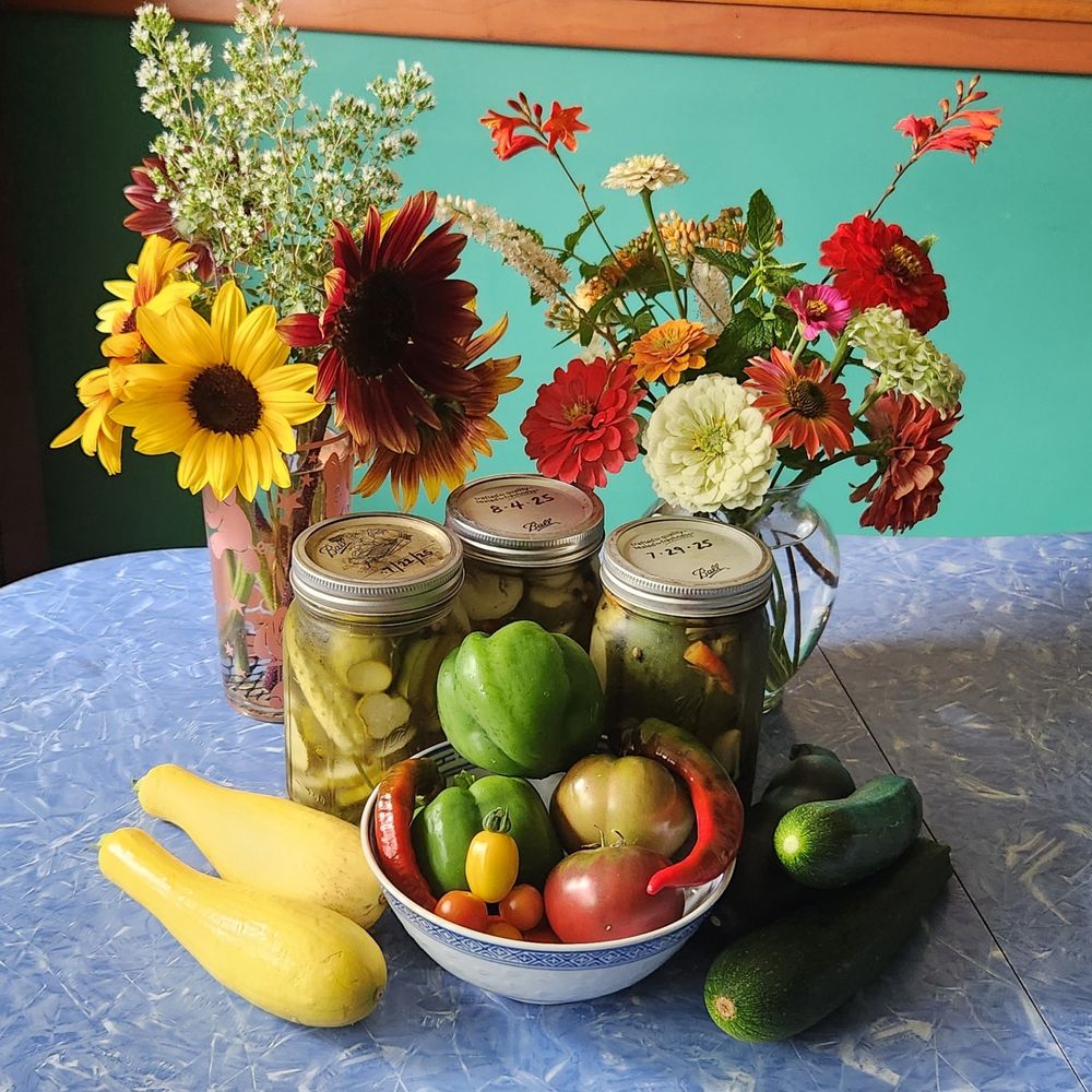fresh flowers and assorted vegetables 