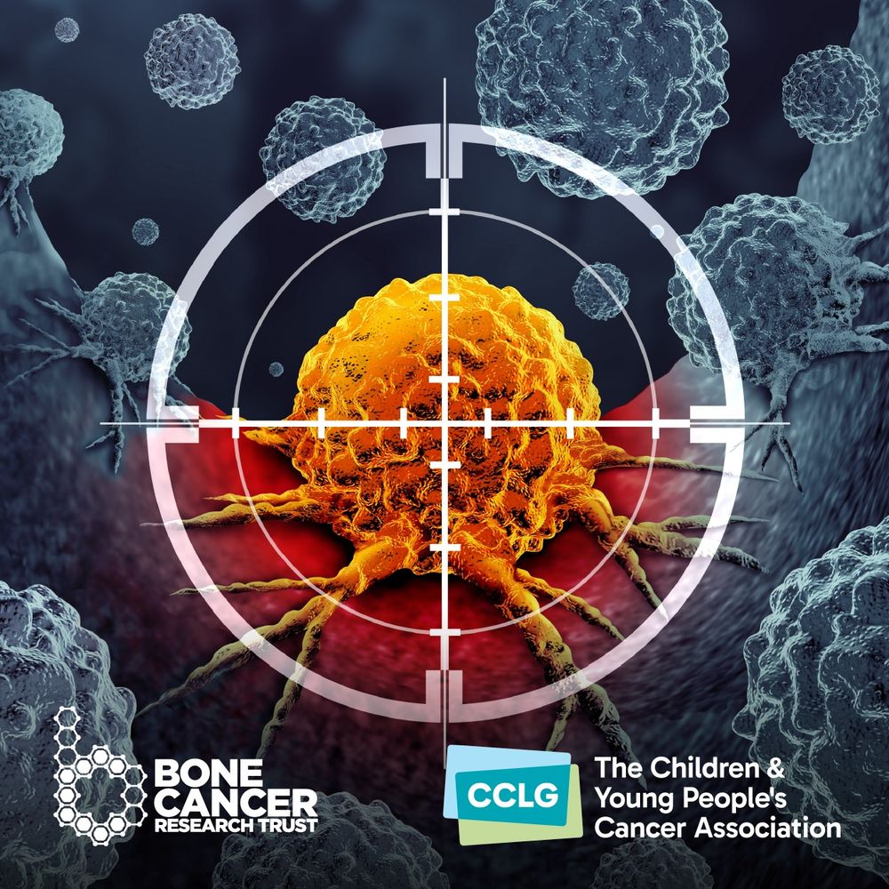 A graphic showing medicine acting against a cancer cell, with the Bone Cancer Research Trust logo in the bottom left corner and the CCLG logo in the bottom right corner. 