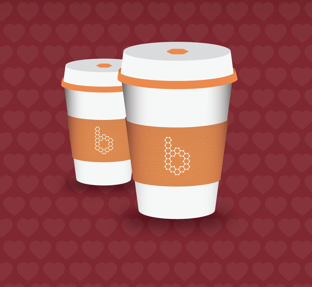 A graphic showing two travel cups adorned with the Bone Cancer Research Trust 'b' logo. The background contains several rows of hearts in a dark red colour. 

