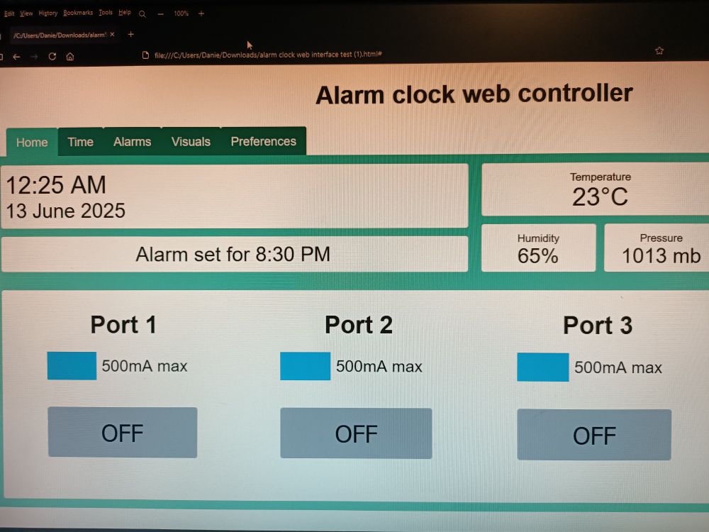A picture of the final web interface at full size (with a bit off-screen). I decided to remove the 'sync' button because it's not really a primary function of the web interface and draws too much visual attention.