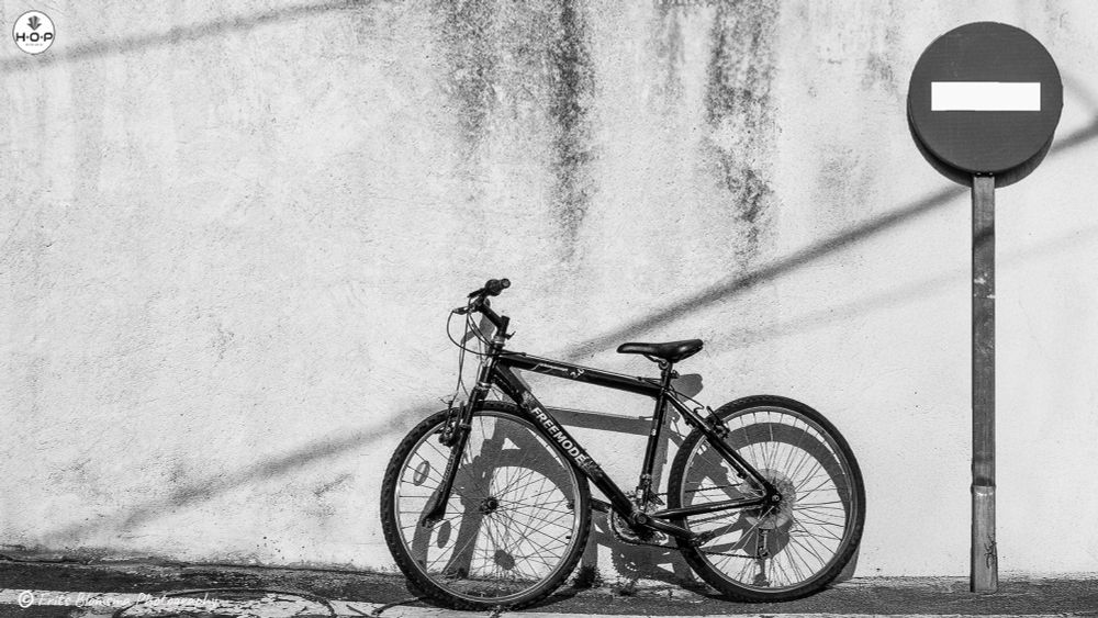 This photograph beautifully captures a moment of quiet contrast and symbolism. Against a textured, sunlit wall, a worn black bicycle leans casually, its shadow stretching softly along the surface. Just beside it stands a bright red "Do Not Enter" sign bold, circular, and commanding introducing a visual and thematic tension between movement and restriction.

The composition is simple yet evocative: the neutral tones of the wall and pavement emphasize the stark red of the sign and the dark frame of the bicycle. The scene feels contemplative, as if the bike an emblem of freedom and motion has come to rest before a symbol of prohibition. It evokes questions about boundaries, stillness, and direction: is this a pause, a moment of reflection, or a quiet act of defiance?

The play of light and shadow adds warmth and subtle dynamism, grounding the image in an everyday reality while allowing it to carry metaphorical weight. Overall, this is a minimalist yet deeply expressive urban scene that turns ordinary objects into a study of contrasts: freedom versus restriction, movement versus stillness, permission versus denial.