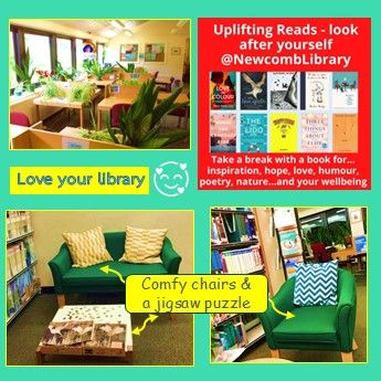 Some pictures of the green library space - we have greenery - lots of houseplants, green chairs and a jigsaw puzzle, as well as fiction books - spending time in the calm library environment is our prescription to boost your wellbeing.  Come and visit the Newcomb Library space, our featured resource of the month, (and say hello to the staff while you are here, we love to chat and share book recommendations with our library users!)