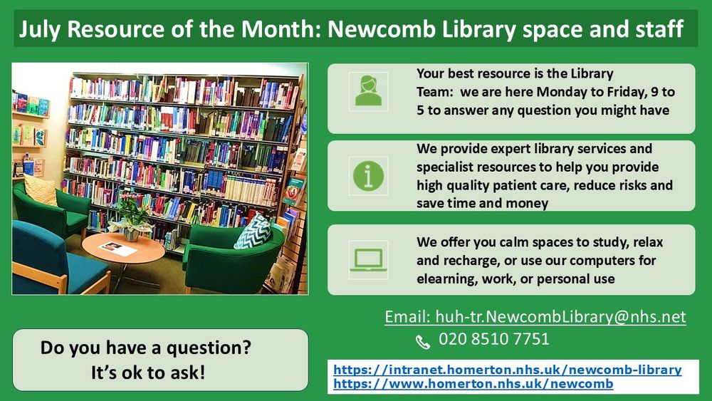 Image showing library easy chairs seating area and text outlining the benefits of the library - books, services, study space, plants etc Come and discover the Newcomb Library - our featured Resource of the Month for July
