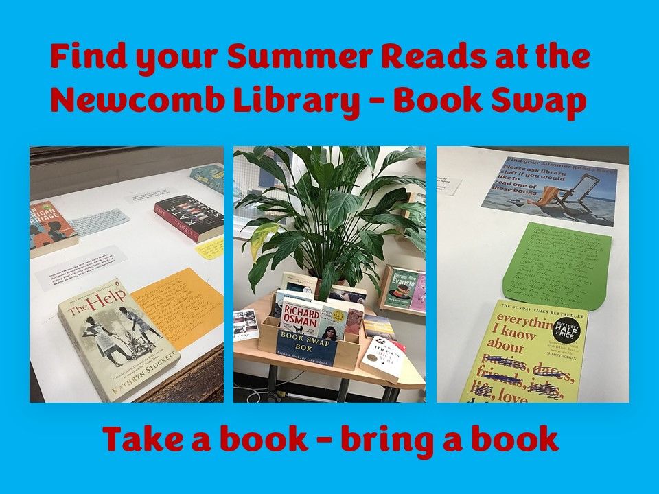 Images of the Library Book Swap books - in the library and in the cabinet outside the library - where each book has a handwritten review from the Library staff