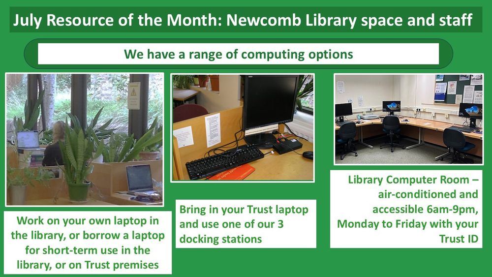 3 images of computer options when in the Newcomb Library - 1. bring in your own personal laptop, or 2. work laptop - and use a docking station, with a large monitor, or 3. use one of the 13 pcs in our air-conditioned computer room