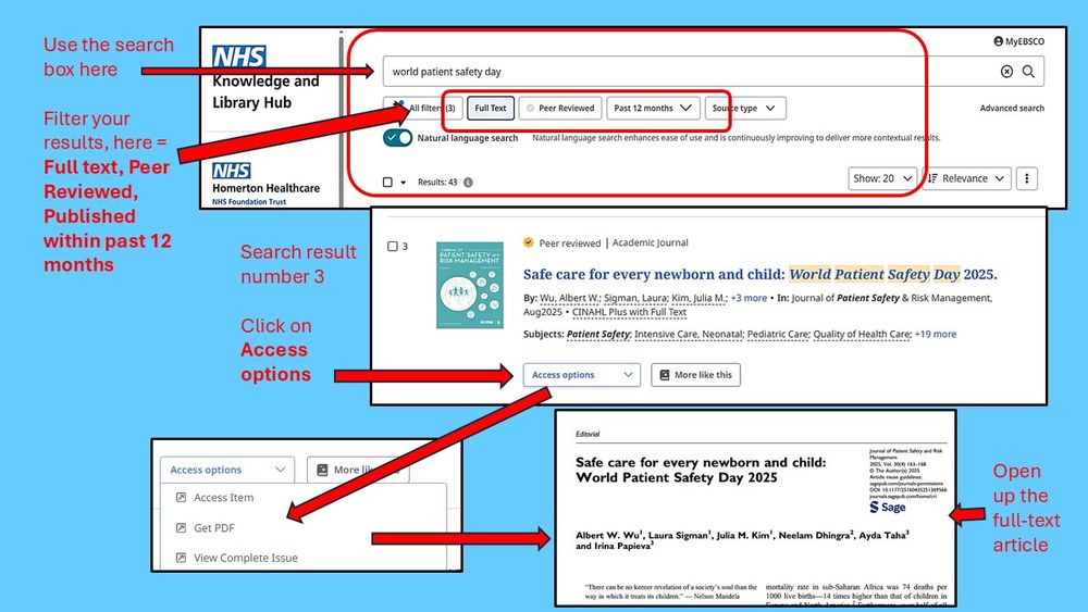Screenshots from a search on the NHS Knowledge and Library Hub on World Patient Safety Day - search - find results, browse results, click on a link to access the full-text of an article
You can also find books in the library on Patient Safety - ask library staff if you need help locating them