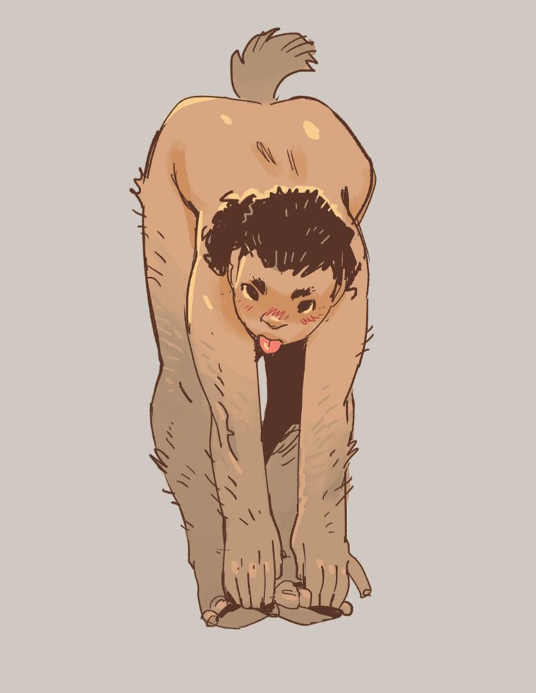 Porn.
A scrappy wolf girl is touching her toes in a stretch while blepping her tongue out slightly. Also I forgot to mention she has a tail. Tail alert. Not a drill.