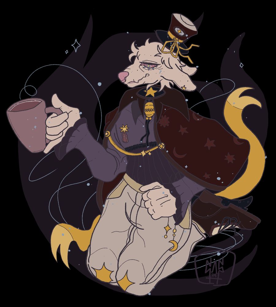A furry character with white fur, swirling multicolor eyes and a pink nose. Her clothes consist of a reddish cape with moons and stars printed on, white pants with stars on the knees and a purple shirt with bell sleeves. She also has a small top hat floating above her head and a large cup in her right hand. She also has some ribbons and lines swirling around her