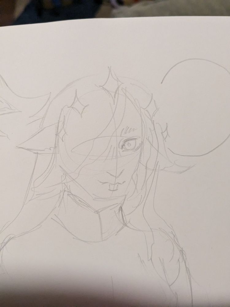 A pencil drawing without gouache/watercolor paint of the same character. She's at a 2/3rds angle and staring at the viewer. She is staring apprehensively at the viewer, a moon in the background behind her left side.