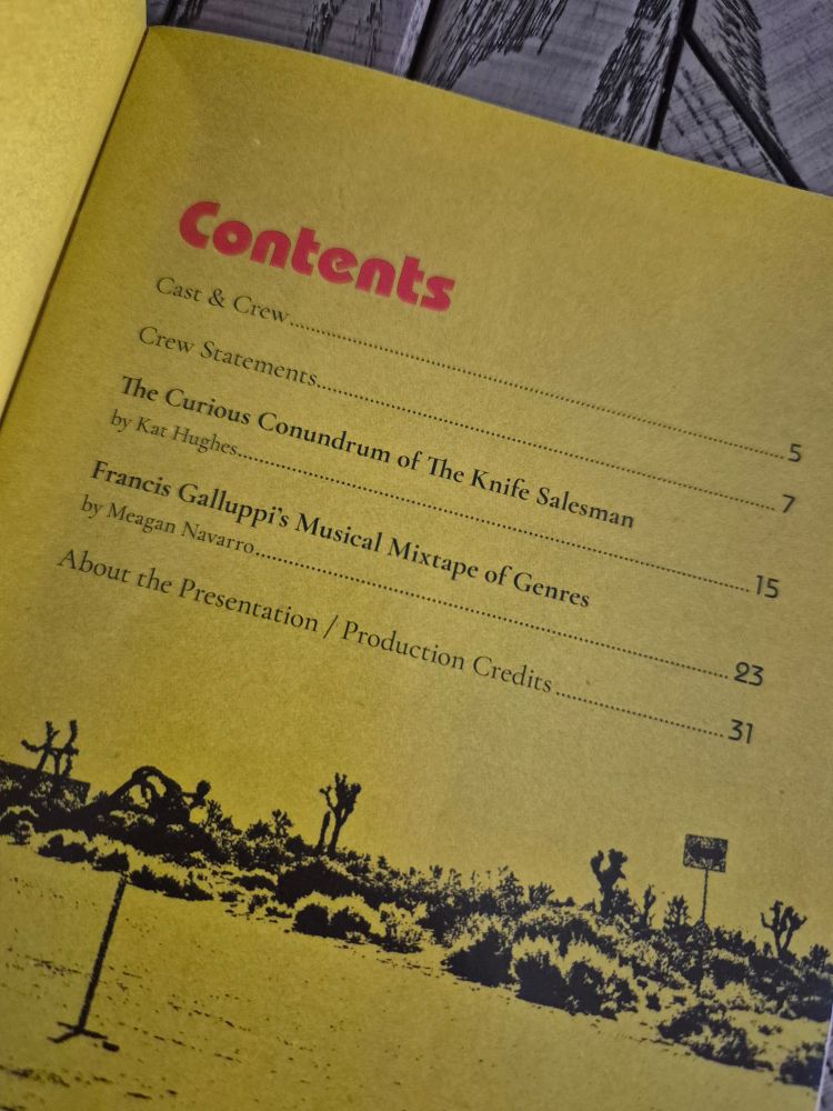 Contents page for the Last Stop in Yuma County bluray which includes The Curiois Conundrum of the Knife Salesman by Kat Hughes
