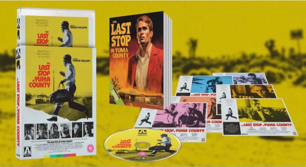 The packshot for the Blu-ray of The Last Stop in Yuma County set in front of a yellow background.