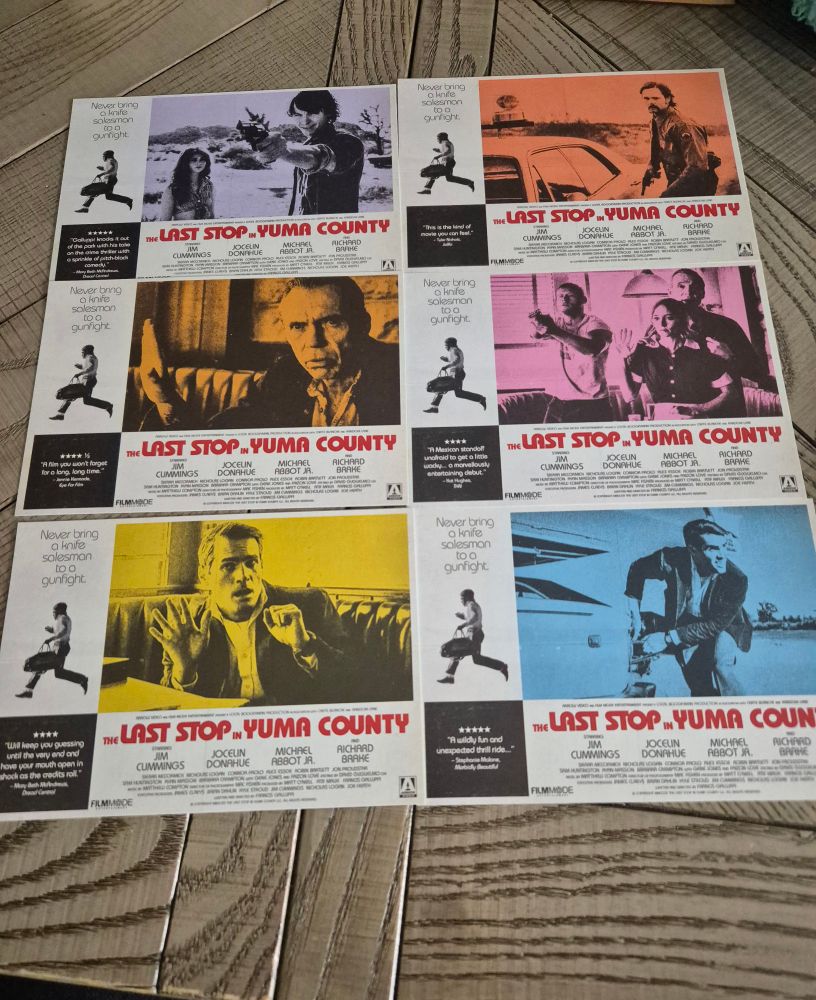 Six art cards for The Last Stop in Yuma County. Each features a different set of characters / scene from the movie. 