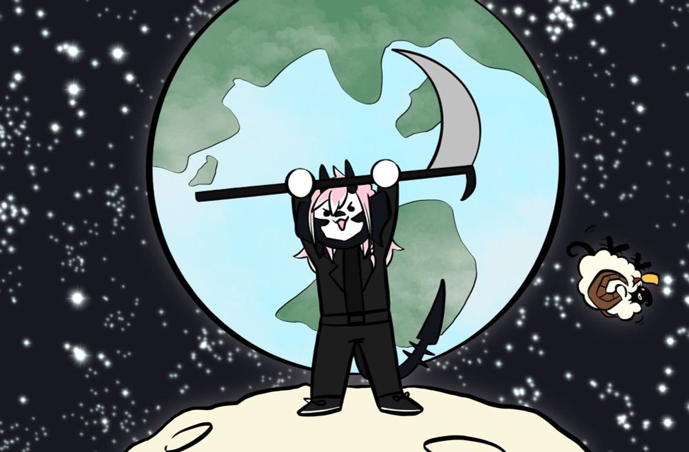 A picture of Iszy Khatayin holding a scythe in front of Etheirys whilst Shep floats away in space.