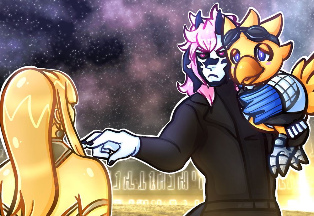 A picture of Iszy Khatayin pointing at Omega-F whilst holding Alpha, protecting him from her.