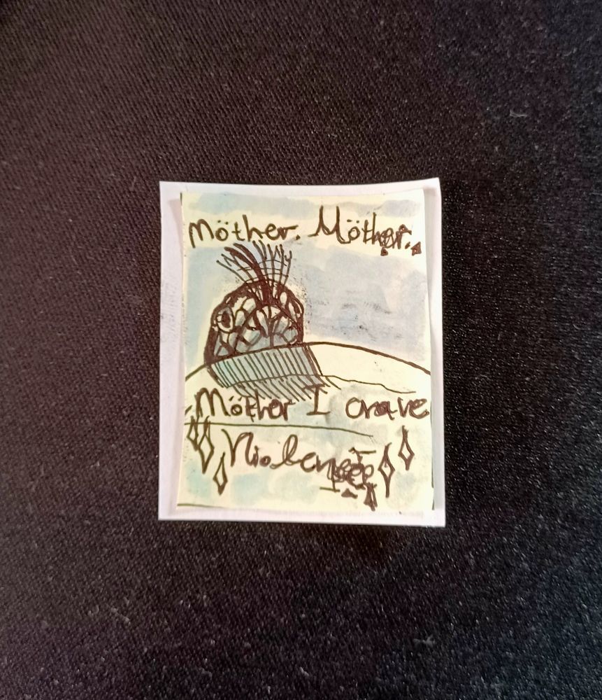 A shitty black pen doodle of a weirdly drawn California kingsnake with googly eyes, peeking over the rim of a bowl and flicking its tongue. The text around the image reads: "Möther. Möther. Möther I crave ✨️Violence✨️"