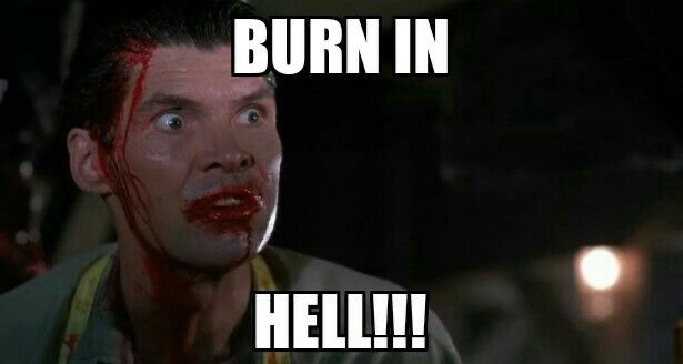 Man with bloody mouth with caption burn in hell