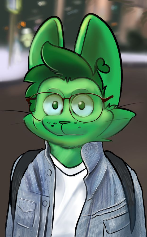 A re-draw of the "Smart Guy With Glasses Wallpaper Download" meme, showing an anthropomorphic green cat in glasses staring into the camera, wearing a denim jacket and a white shirt.

https://knowyourmeme.com/memes/smart-guy-with-glasses-%D1%8F%D0%BD-%D1%82%D0%BE%D0%BF%D0%BB%D0%B5%D1%81