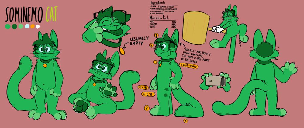 A character sheet for a cartoonish cat character titled "Sominemo Cat", shows a green anthropomorphic cat standing, sitting, from the side, and back. Also contains a headshot with the cat stretching its own mouth with a finger and showing its own tongue, a doodle of the said cat wearing white gloves and holding a giant cartoony hammer, and a doodle of cat's paws holding a phone that appears to be a Google Pixel. The sheet points out design traits of the character like hair, glasses, collar, arm, leg and tail markings, finger and toe accents. The image also contains "Nutrition facts", listing 13% red, 71% green and 33% blue, the engridents for the green color of the cat's fur. The text also points out that the gold tag on the cat's green collar is usually empty, and that the hearts in the cat's ears is a way to depict earfluff and is not part of the design.