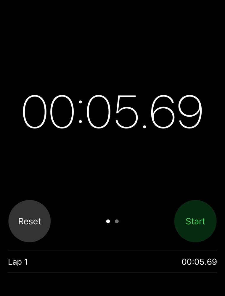 Screenshot of iPhone clock app in stopwatch mode with 5.69 seconds on it. 