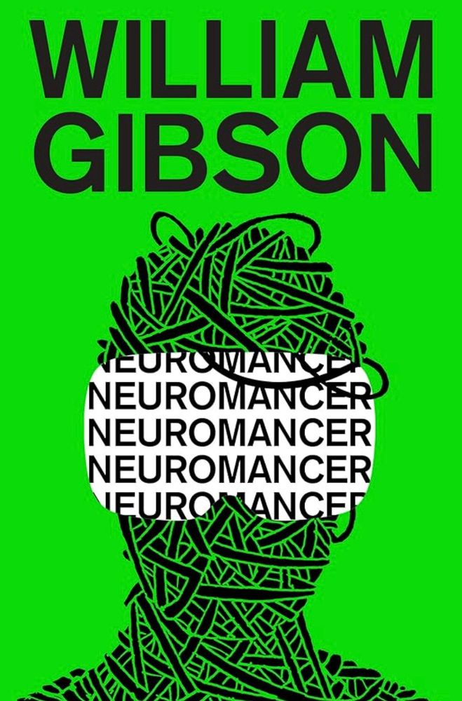 Hideous lazy cover for William Gibson’s Neuromancer. I don’t even mind the green, that’s at least era appropriate. But Jesus that illustration is awful. 