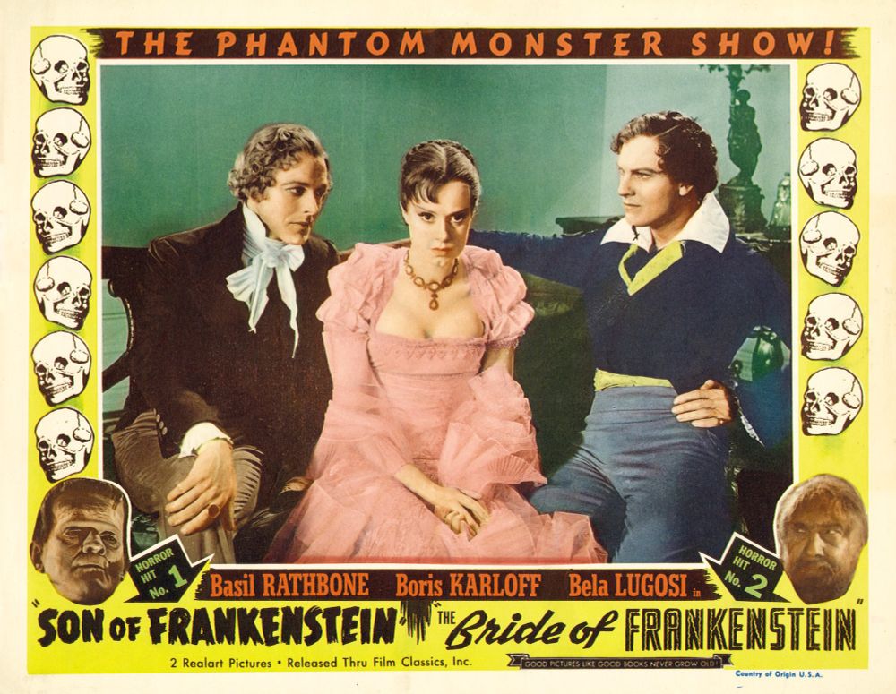 A very weird ad for Son Of Frankenstein and Bride Of Frankenstein, featuring a shot from Bride's framing story, with Elsa Lanchester playing Mary Shelley, along with Gavin Gordon as Lord Byron and Douglas Walton as Percy Bysshe Shelley.