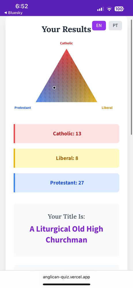 Results of Anglican quiz: A Liturgical Old High Churchman

Catholic: 13
Liberal: 8
Protestant: 27