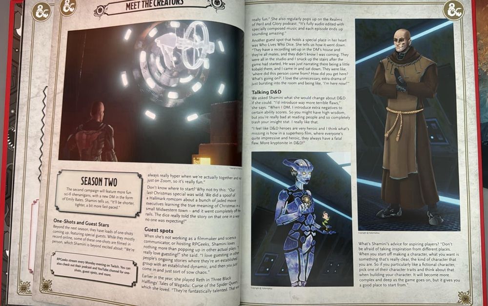 Picture of pages of a book showing some character arts, a background art and text blurbs