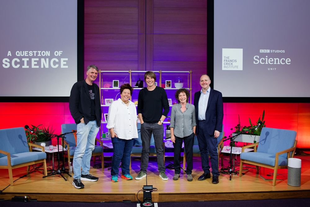 Group photo on podcast stage with Neil Lawrence, Steph Wright, Brian Cox, Jeanette Winterson and Adrian Weller