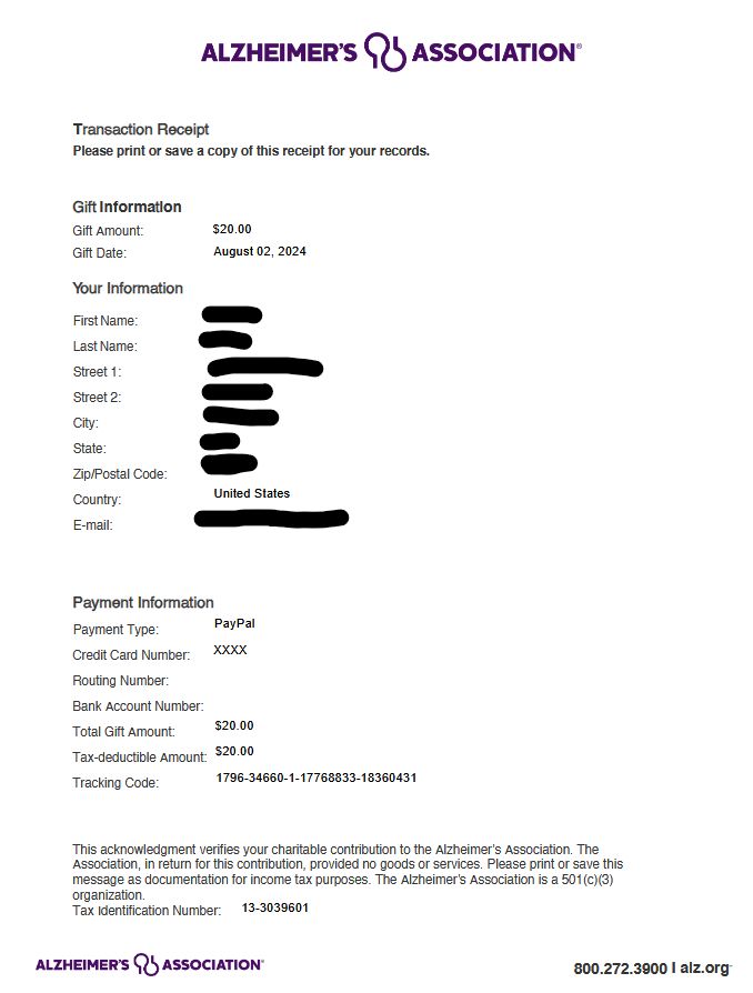 A donation receipt for the Alzheimer's Foundation for the amount of $20 USD on August 02, 2024. Personal information is redacted. Payment was made through PayPal. Tracking Code is 1796-34660-1-177-68833-18360431