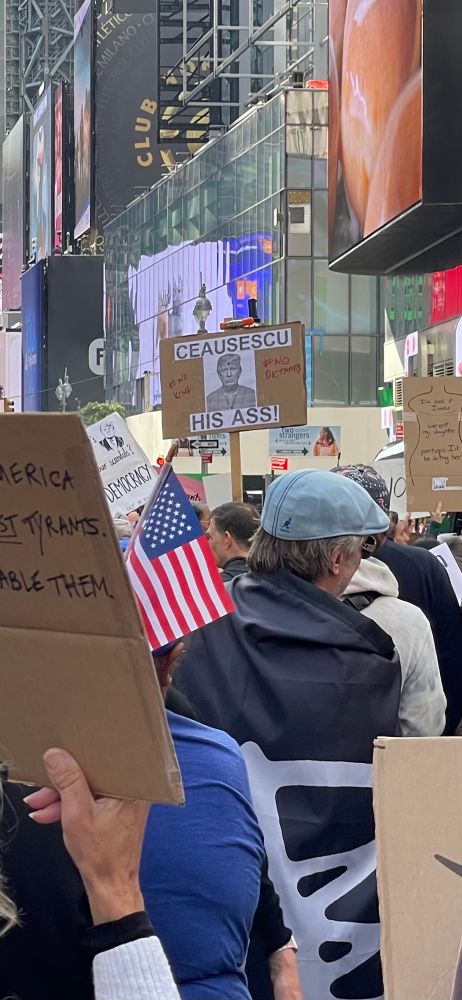 Homemade sign with black and white photo of Trump and caption “Ceaușescu his ass!”