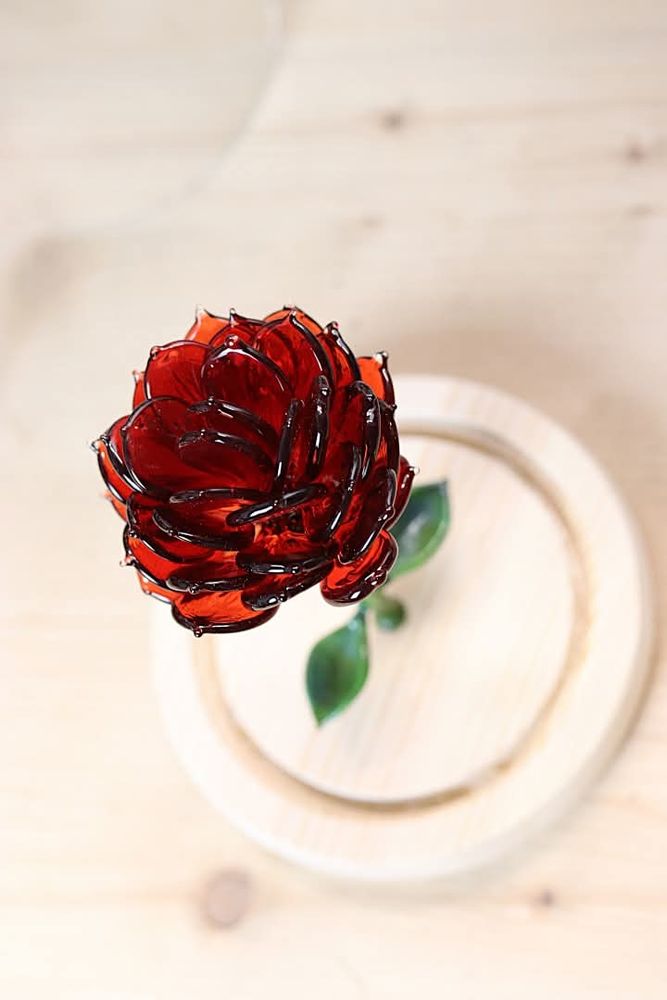 Rose de couleur rouge qui est en verre (matériaux)

Cette rose est inspirée de la rose du livre mon Petit Prince.

Les pétales de la rose son plat et arrondi  à son extrémité avec une petite pointe au bout de l'arrondi de la rose.

La tige de la rose est de couleur verte et cette tige est soudé à un socle en bois.

Red colored rose that is made of glass (materials)

This rose is inspired by the rose from the book My Little Prince.

The petals of the rose are flat and rounded at its end with a small point at the end of the rounding of the rose.

The stem of the rose is green and this stem is welded to a wooden base.