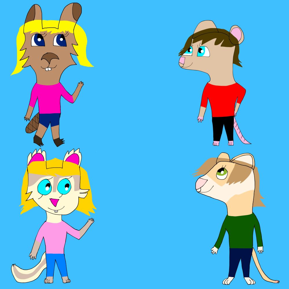 A drawing of 4 anthro Rodents. From top left to bottom right are, Andrea a anthro Beaver, Sara a anthro Rat, Natalie a anthro Squirrel and Courtney a anthro Kangaroo Rat. All are standing in front of a blue background 