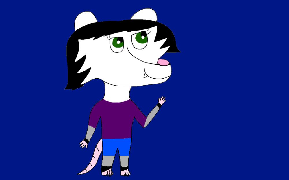 An anthro possum with black hair and green eyes. She is wearing a purple shirt and blue shorts and is waving in front of a dark blue background