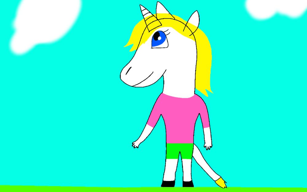 An anthro Unicorn with blonde hair and blue eyes. She is wearing a pink shirt and green shorts and is standing on some grass with some clouds above her
