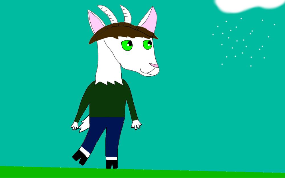 An anthro Goat with brown hair and green eyes. He is wearing a dark green shirt and blue pants and is walking towards a cloud with snow
