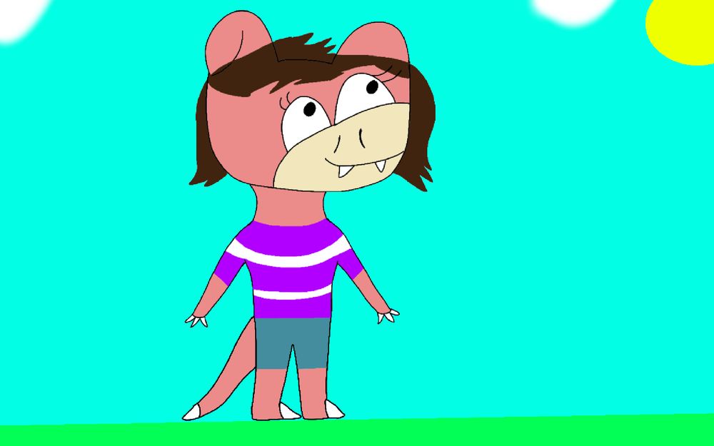 An anthro Slowpoke with brown hair. She is wearing a purple shirt with white stripes and blue shorts and is standing outside with 2 clouds and the sun above her