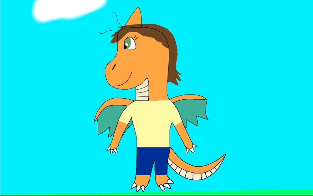 An anthro Dragonite with brown hair and green eyes. She is wearing a yellow shirt and blue pants and is standing on some grass with a cloud above her