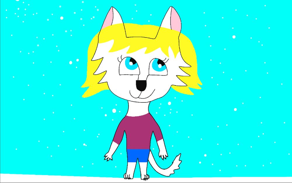 An anthro arctic fox with blonde hair and blue eyes. She is wearing a purple shirt and blue shorts and is standing in the middle of a snow patch with it snowing from the sky as well