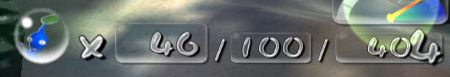 A Closeup screenshot of Pikmin 2 showing the Pikmin count HUD element - the same style of number as in the prison handheld appears, but stylized to look like they're water drops.