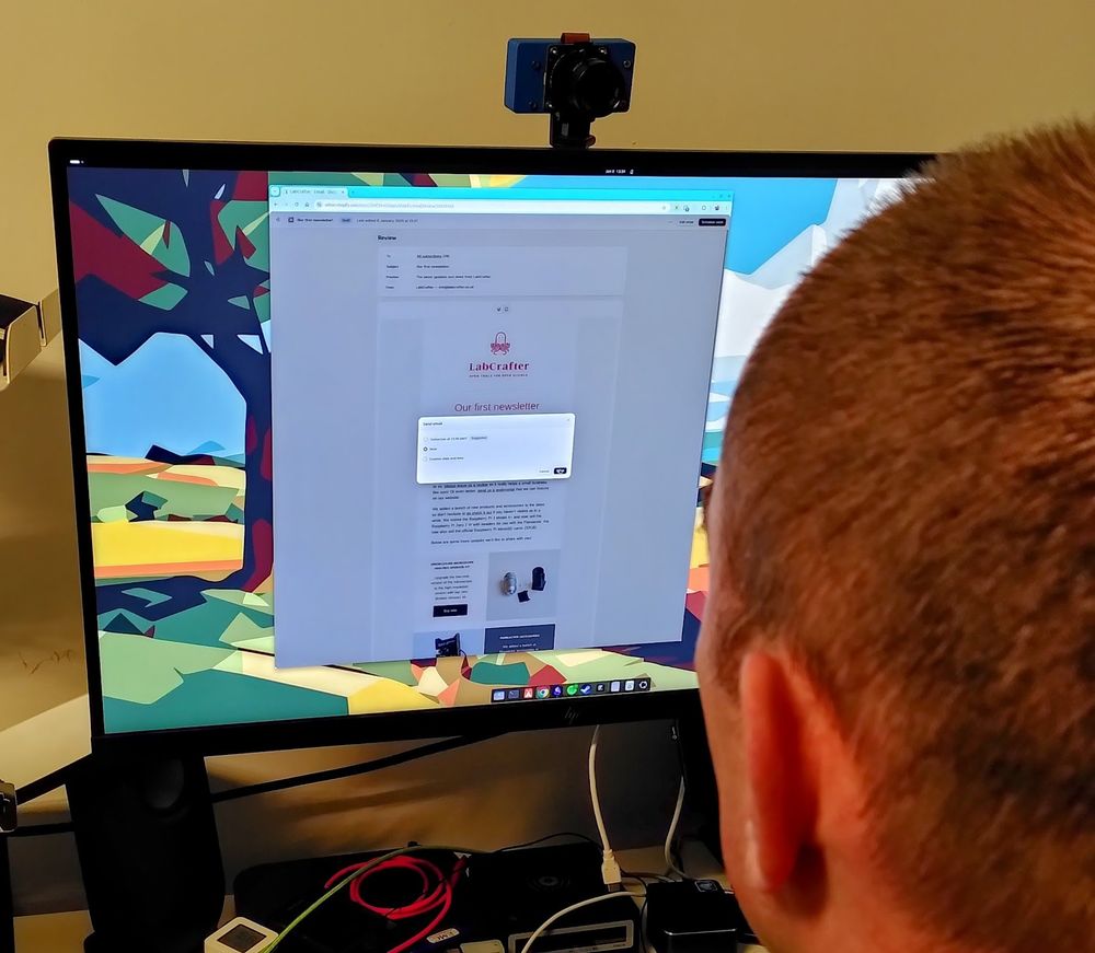 A man looking at a computer screen, about to send an email newsletter