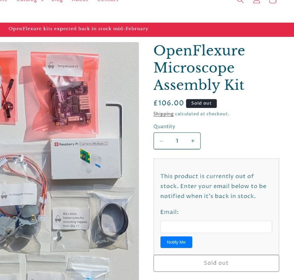 Screenshot of LabCrafter website showing OpenFlexure microscope is out of stock