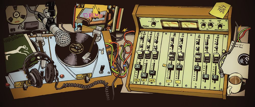 illustration of college DJ desk from around 1985 from "HEAVY ROTATION" comic book.