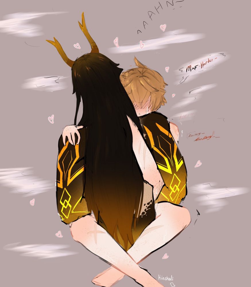 Backside view of zhongli, hair down and covering most of him. His arms have a gradient and markings running down them. Childe is seen with his arms and legs wrapped around him. Dialogue in the image states: “Aaahn~” in all caps, stretched out, “Mnf- Harder-“ with a shaky font, and shaky speech bubble around it. Final text in the image states: “Xiansheng- Xiansheng!” 

Tldr: Tartaglia’s getting railed by Zhongli