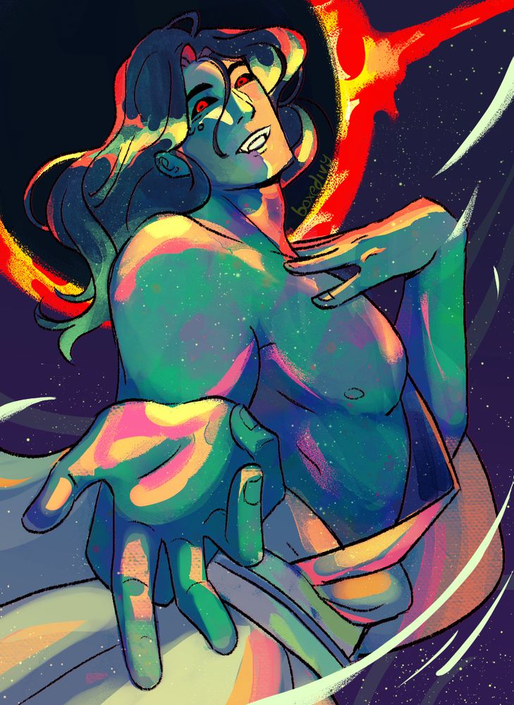 Soleil (the artist's OC), stands in front of a black hole, smiling eerily at the viewer, and reaches out towards them. 