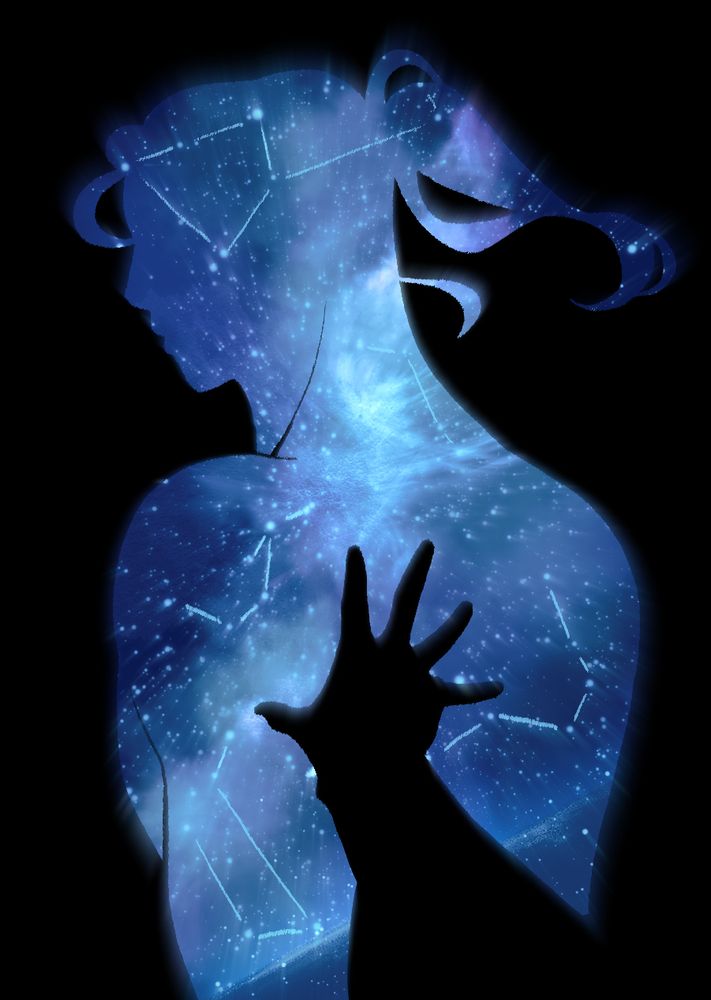 A silhouette of Soleil (OC) composed of a blue starry sky with constellations, against a pure black background. A hand reaches out to them, black against the silhouette as well.