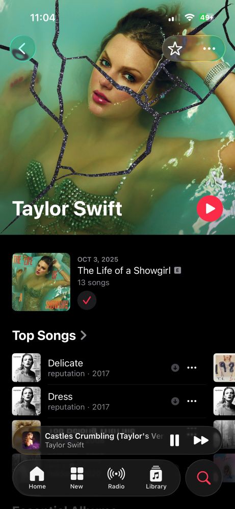 A screenshot of apple music’s Taylor Swift page featuring cracks over Taylor’s new album cover.