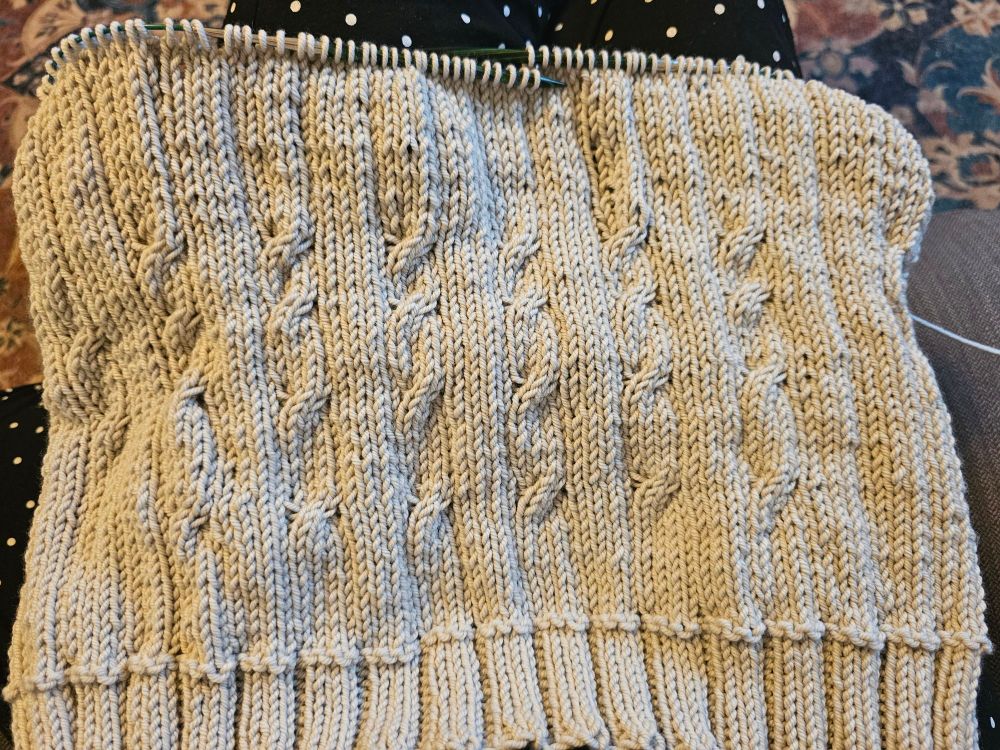 A ribbed rectangle knit in very pale gray yarn, sitting on my lap. I am wearing a black polka dotted skirt. The vest has wide ribbing interspersed with simple cables. Yarn is O-Wash in colorway Silver Maple. It is a smooth yarn so the knitting looks messy, I am hoping it blocks well.