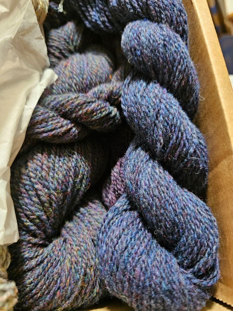Close up of two different shades of dark blue heathered yarn in a shipping box. Left one has many Colors mixed in, including yellow, pink, and cyan. The right one is a little more uniform but also has violet, pink, and green flecks.
This yarn is crisp but soft and springy to the touch.