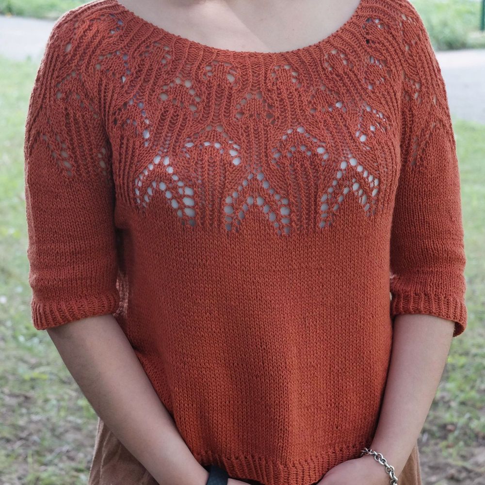 Me some years ago modeling an orange knit top with a boatneck lacy yoke and elbow length sleeves. In a park so grass is the background. My head is cropped out, clasped hands as well.